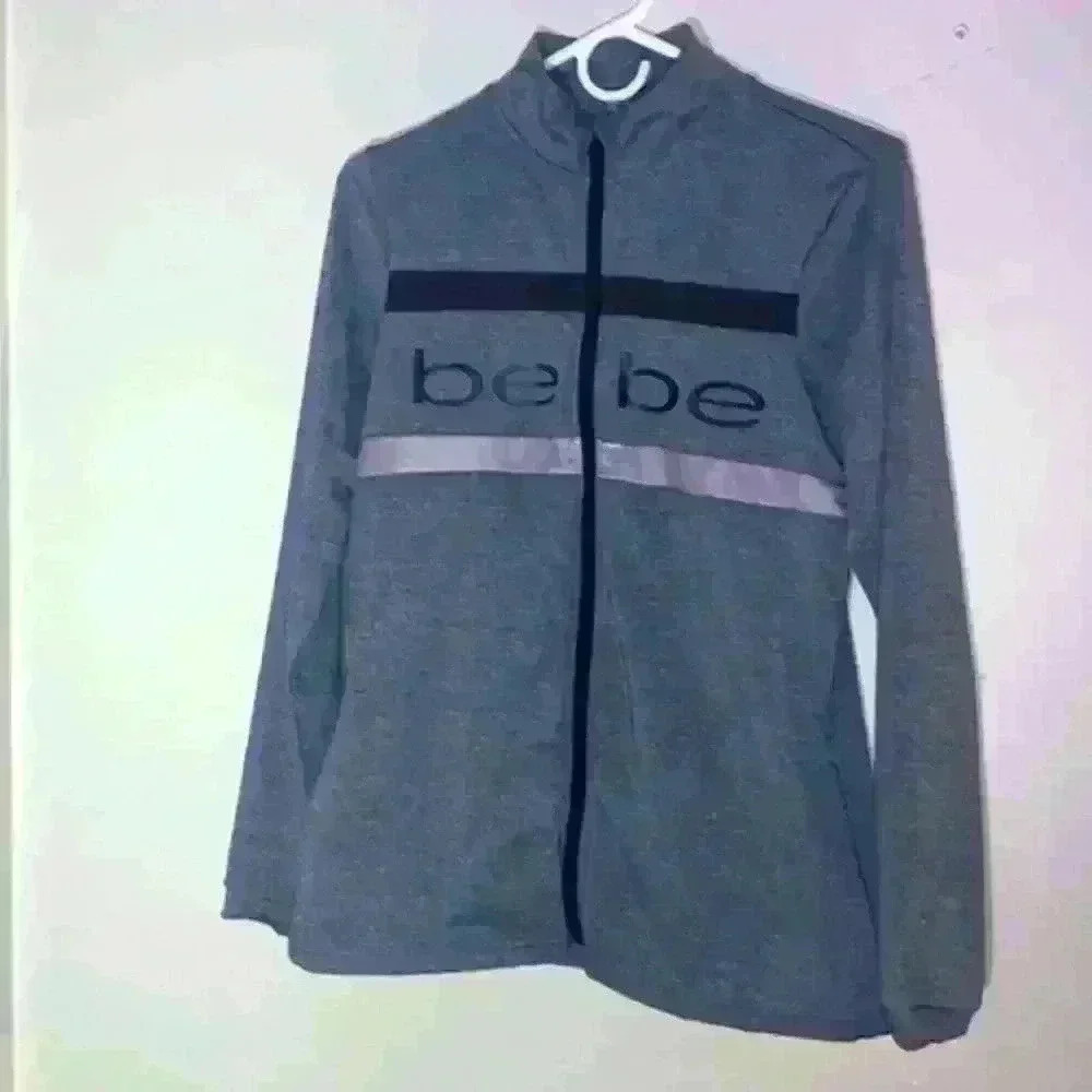 Bebe Sport Heather Gray Mesh Striped Zip Front Athletic Track Jacket